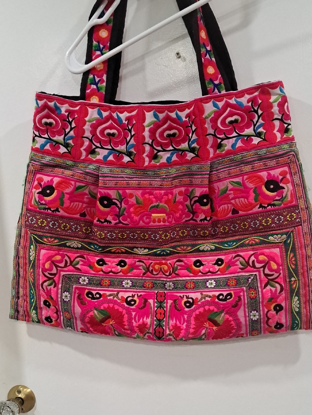 Handcrafted Pink Floral Embroidered Boho Tote Bag